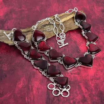 Ювелирные изделия из ожерелья и браслета из лабрадорита Red Flash, комплект ювелирных изделий из стерлингового серебра 925 пробы, комплект ювелирных изделий из лабрадорита в форме сердца ручной работы Adjustable With 8 -18 красный