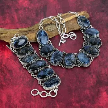 Ювелирные изделия из Питерсита, комплект ювелирных изделий из стерлингового серебра 925 пробы, ожерелье и браслет ручной работы, комплект ювелирных изделий с регулируемой цепочкой из драгоценных камней для женщин Adjustable With 8 -18 чёрный