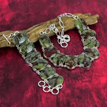 Ювелирные изделия из яшмы крови дракона, очаровательный комплект ожерелья и браслета для нее, ювелирные изделия из стерлингового серебра 925 пробы, комплект ювелирных изделий ручной работы из драгоценных камней для женщин Adjustable With 8 -18 зелёный