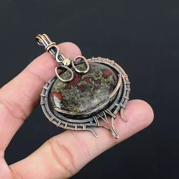 Ювелирные изделия из яшмы с кровью дракона, подвеска ручной работы из чистой медной проволоки 3.03 Inches зелёный