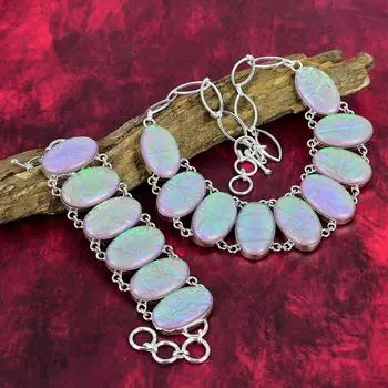 Ювелирные изделия из розового австралийского тройного опала, комплект ювелирных изделий из браслета и ожерелья из стерлингового серебра 925 пробы, регулируемый вручную с ювелирными цепочками Adjustable With 8 -18 розовый