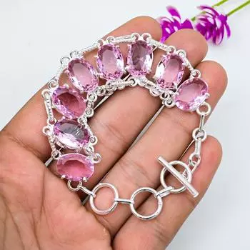 Ювелирные изделия из розового кунцита, браслет из стерлингового серебра 925 пробы, браслет из драгоценных камней ручной работы на День памяти 8 Inches розовый