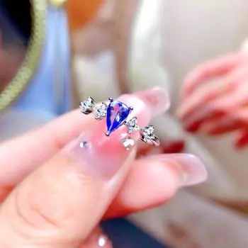 Ювелирные изделия из серебра 925 пробы, инкрустированные натуральным танзанитом, кольцо с каплей воды размером 4 * 6 мм, простое и щедрое. Resizable