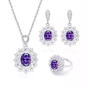 Ювелирные изделия из серебра 925 пробы, новый циркон, свадебное ожерелье, серьги, кольцо, комплект ювелирных изделий 6 фиолетовый