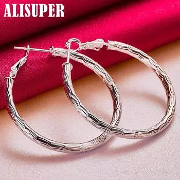 Ювелирные изделия из серебра 925 пробы с волнистыми серьгами-кольцами диаметром 40 мм