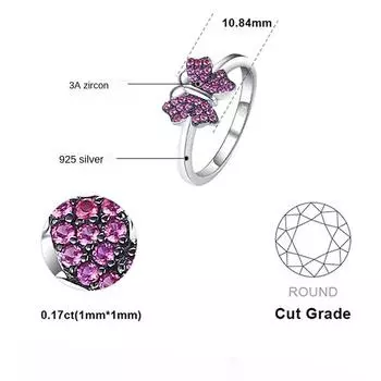 Ювелирные изделия из серебра S925 с микропавеированным красным корундом и бабочкой в виде животного 6 красный