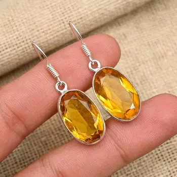 Ювелирные изделия из сережек из стерлингового серебра 925 пробы ручной работы с цитрином на Рождество 1.57 Inches жёлтый