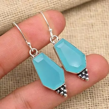 Ювелирные изделия из сережек ручной работы из стерлингового серебра 925 пробы с синим халцедоном на День Благодарения 1.57 Inches синий