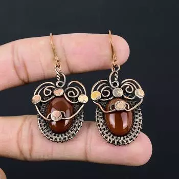 Ювелирные изделия из сережек ручной работы с милым сердоликом и драгоценным камнем из чистой медной проволоки 2.56 Inches коричневый