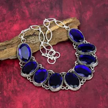 Ювелирные изделия из синего сапфира, созданные в лаборатории, ожерелье из чистого серебра 925 пробы, ювелирные изделия из драгоценных камней, регулируемое ожерелье-цепочка ручной работы, удивительные ювелирные изделия Adjustable with 18 inches синий