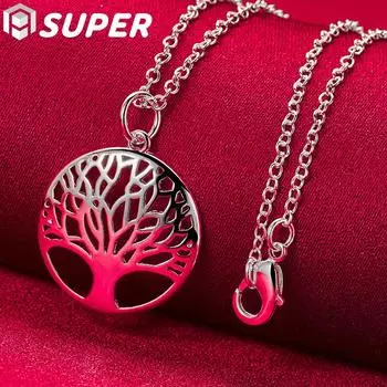 Ювелирные изделия из стерлингового серебра 925 пробы, 18-дюймовая цепочка с круглым кулоном в виде дерева 45cm