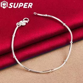 Ювелирные изделия из стерлингового серебра 925 пробы, 2 мм, браслет-цепочка из змеиной кости и бисера 20cm