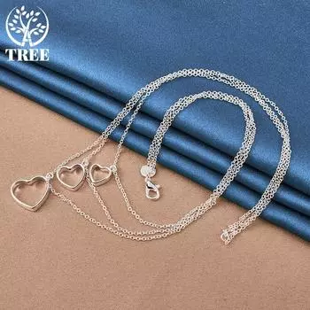 Ювелирные изделия из стерлингового серебра 925 пробы с тремя цепочками и кулонами в форме сердца 45cm