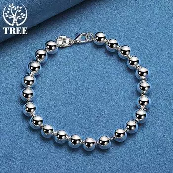 Ювелирные изделия из стерлингового серебра 925 пробы с гладкими бусинами диаметром 8 мм и шариками 20cm