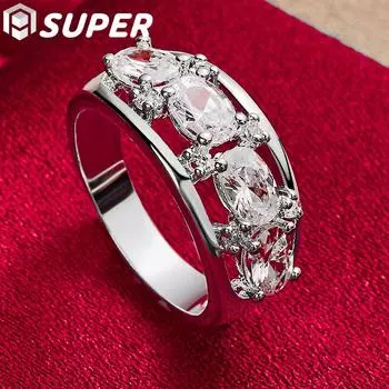 Ювелирные изделия из стерлингового серебра 925 пробы с четырьмя круглыми кольцами с цирконом AAA 7#