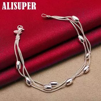 Ювелирные изделия из стерлингового серебра 925 пробы с тремя змеиными цепочками и гладкими бусинами в форме фасоли 20cm