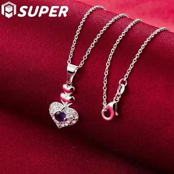 Ювелирные изделия из стерлингового серебра 925 пробы с синим цирконом AAA в форме сердца 45cm