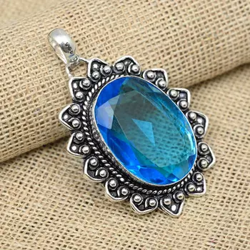 Ювелирные изделия из стерлингового серебра 925 пробы с синим топазом, красивая дизайнерская подвеска ручной работы для подарков 2.04 Inches синий