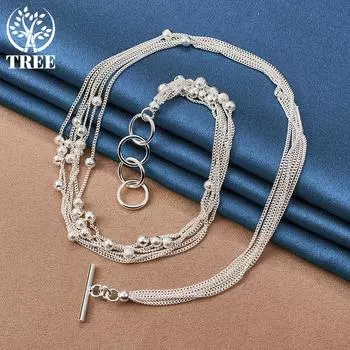 Ювелирные изделия из стерлингового серебра 925 пробы с несколькими цепочками, матовым шариком, виноградным шариком и шариком 45cm