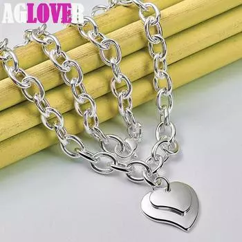 Ювелирные изделия из стерлингового серебра 925 пробы с подвеской в виде двойного сердца 18-дюймовой цепочки и ожерелья 45cm