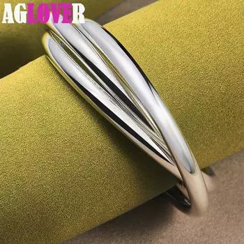 Ювелирные изделия из стерлингового серебра 925 пробы с тремя линиями и гладким браслетом-браслетом