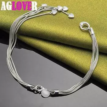 Ювелирные изделия из стерлингового серебра 925 пробы с кисточкой и пятью сердцами в виде змеиной цепочки 20cm