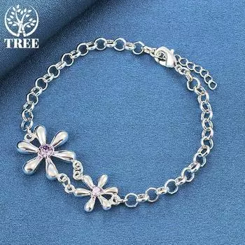 Ювелирные изделия из стерлингового серебра 925 пробы с фиолетовым цирконом AAA и цветами 20cm