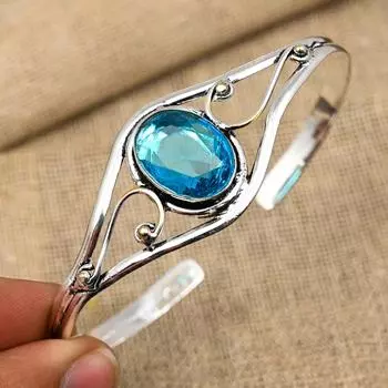 Ювелирные изделия из стерлингового серебра 925 пробы ручной работы с синим топазом, регулируемые манжеты для нее