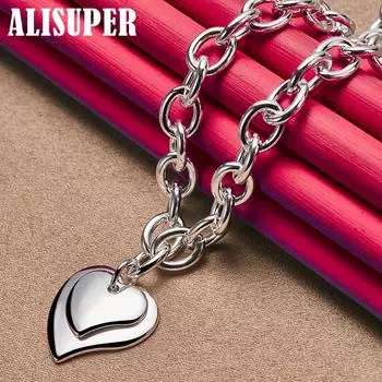 Ювелирные изделия из стерлингового серебра 925 пробы с подвеской в виде двойного сердца 18-дюймовой цепочки и ожерелья 45cm