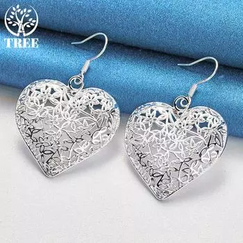 Ювелирные изделия из стерлингового серебра 925 пробы с полыми сердечками и цветочными серьгами