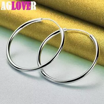 Ювелирные изделия из стерлингового серебра 925 пробы, гладкие круглые серьги-кольца диаметром 35 мм