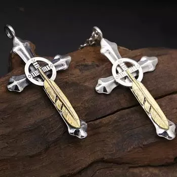 Ювелирные изделия из стерлингового серебра 925 пробы, круглая открытка в стиле ретро, креативная подвеска с крестом и перьями для мужчин и женщин чёрный