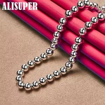 Ювелирные изделия из стерлингового серебра 925 пробы, 6 мм, гладкие бусины, шариковая цепочка, ожерелье 45cm