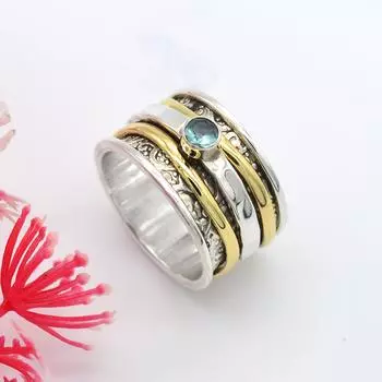 Ювелирные изделия из стерлингового серебра 925 пробы, кольцо ручной работы с голубым топазом, драгоценный камень, вращающееся кольцо, посредническое кольцо для мужчин 6 синий