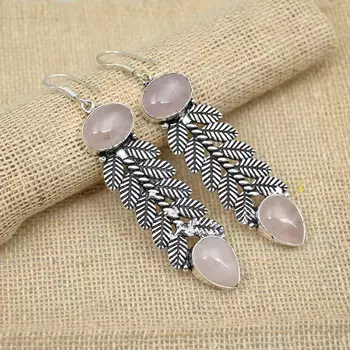 Ювелирные изделия из стерлингового серебра 925 пробы с драгоценным камнем из розового кварца, замечательные серьги для подарков 2.95 Inches розовый