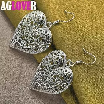 Ювелирные изделия из стерлингового серебра 925 пробы с полыми сердечками и цветочными серьгами