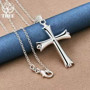 Ювелирные изделия из стерлингового серебра 925 пробы с гладким крестом и подвеской в виде ожерелья 45cm