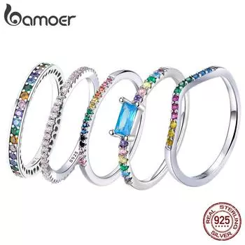Ювелирные изделия из стерлингового серебра 925 пробы BAMOER, красочные кольца с цирконом для женщин, классическое штабелируемое кольцо, подарок B-5