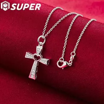 Ювелирные изделия из стерлингового серебра 925 пробы, 18-дюймовая цепочка с крестом AAA и цирконием в форме сердца 45cm