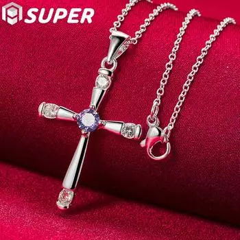 Ювелирные изделия из стерлингового серебра 925 пробы с круглым циркониевым крестом AAA 45cm