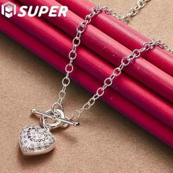 Ювелирные изделия из стерлингового серебра 925 пробы с 18-дюймовым фиолетовым цирконом ААА на цепочке в форме сердца 45cm