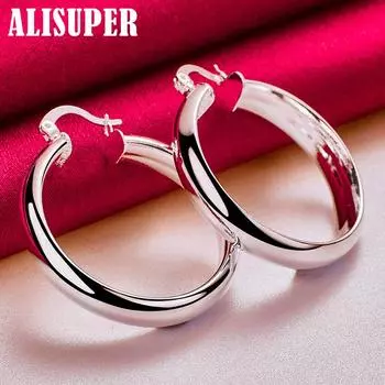 Ювелирные изделия из стерлингового серебра 925 пробы, 35 мм, круглые гладкие серьги-кольца