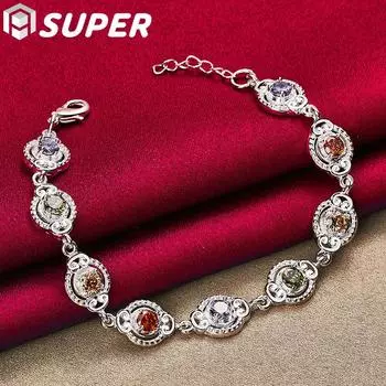 Ювелирные изделия из стерлингового серебра 925 пробы: фиолетовый, оранжевый, красный, зеленый, браслет с цирконом AAA 20cm