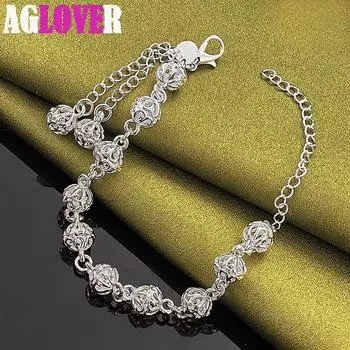 Ювелирные изделия из стерлингового серебра 925 пробы, 8 мм, браслет-цепочка с полым шариком 20cm