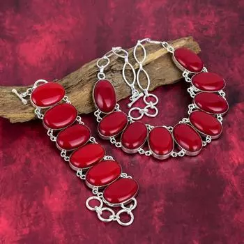 Ювелирные изделия из стерлингового серебра 925 пробы с красным кораллом, комплект ювелирных изделий из браслета и ожерелья ручной работы для женщин, красивые украшения из драгоценных камней из красного коралла для нее Adjustable With 8 -18 красный