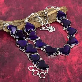 Ювелирные изделия из стерлингового серебра 925 пробы с фиолетовым лабрадором, браслет и ожерелье ручной работы для нее, фантастический комплект ювелирных изделий из драгоценных камней в форме сердца для женщин Adjustable With 8 -18 фиолетовый