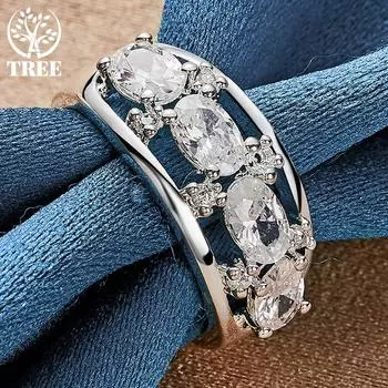 Ювелирные изделия из стерлингового серебра 925 пробы с четырьмя круглыми кольцами с цирконом AAA 7#