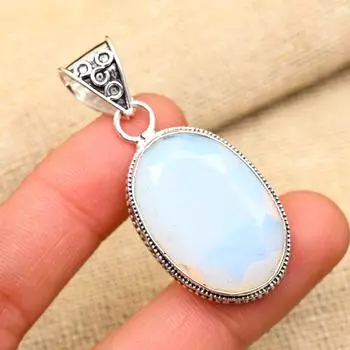 Ювелирные изделия из стерлингового серебра 925 пробы с молочным опалом ручной работы, милый кулон овальной формы для женщин 2 Inches белый