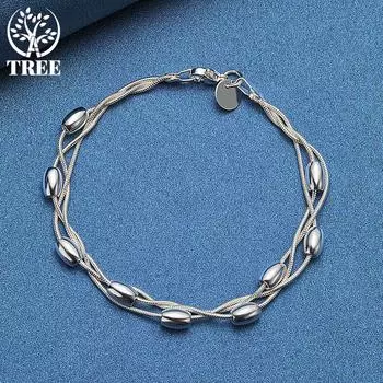 Ювелирные изделия из стерлингового серебра 925 пробы с тремя змеиными цепочками и гладкими бусинами в форме фасоли 20cm