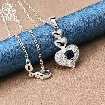 Ювелирные изделия из стерлингового серебра 925 пробы с синим цирконом AAA в форме сердца 45cm